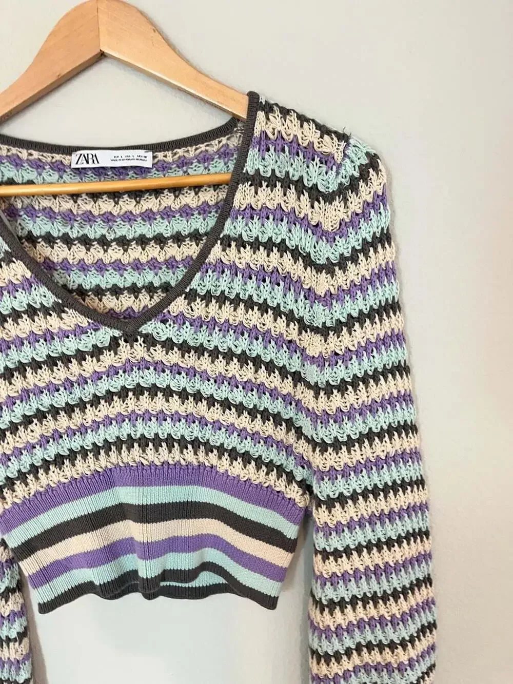 Zara, Y2K Cropped Multi Colored Striped Open Knit V-Neck Sweater,Boho,Festival,L